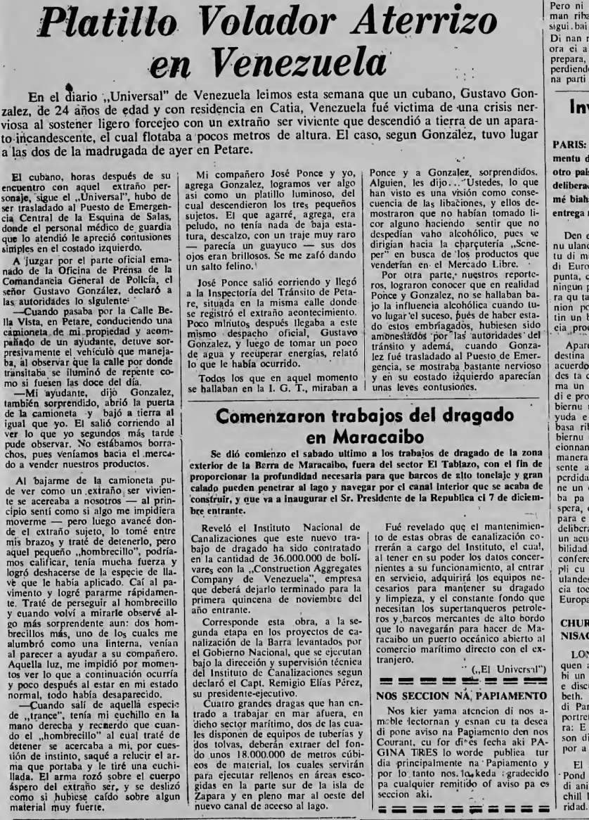 Arubaanse Courant, 1 de diciembre de 1954, p. 3: «Platillo volador aterrizó en Venezuela», con el relato de González según El Universal y el parte policial