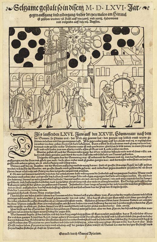 Panfleto de Basilea (1566) · «Seltsame Gestalt» — el fenómeno celeste sobre la ciudad