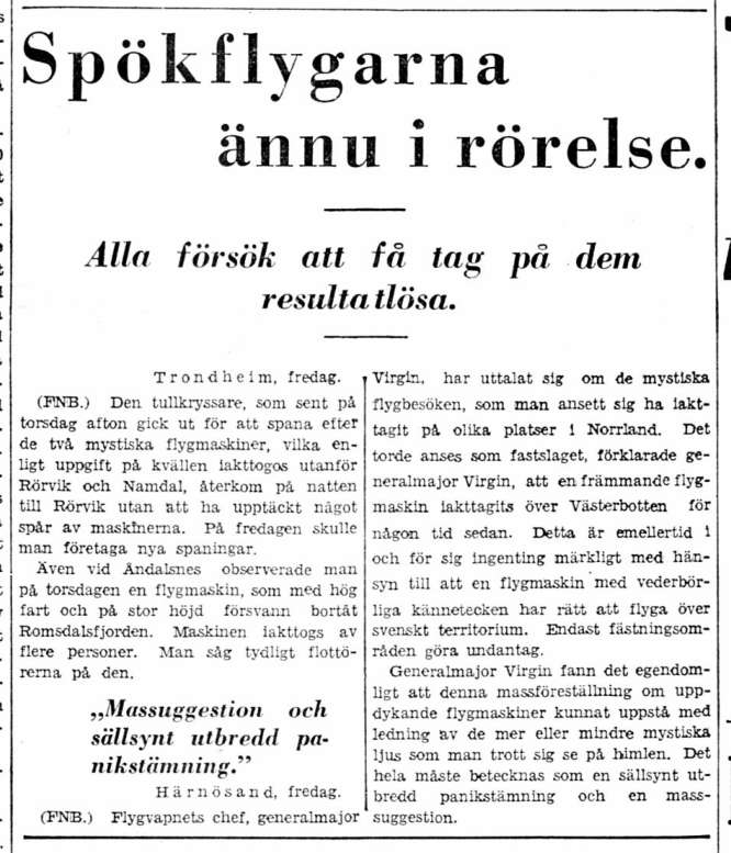 Hufvudstadsbladet, 13 de enero de 1934, p. 3: «Spökflygarna ännu i rörelse», con la declaración del general Virgin