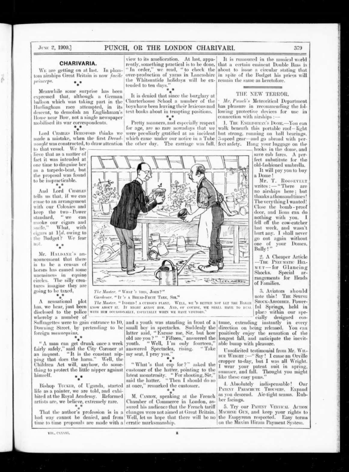 Punch, 2 de junio de 1909, p. 379: «In phantom airships Great Britain is now facile princeps» (Charivaria) y la sátira «The New Terror», con dispositivos para protegerse de los dirigibles