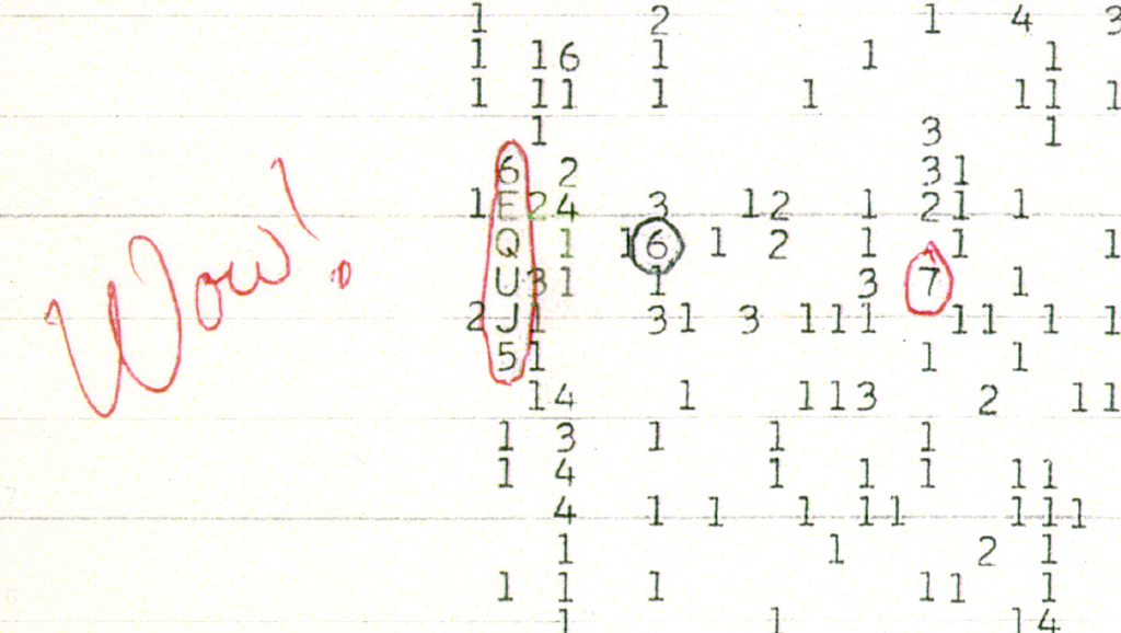 Señal Wow! · el impreso original del radiotelescopio Big Ear con la anotación de Jerry Ehman (15 ago 1977)