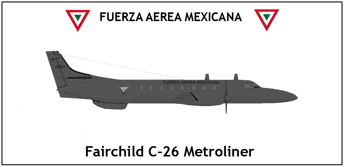 Ilustración de un Fairchild C-26 Metroliner en librea de la Fuerza Aérea Mexicana — el tipo de aeronave que registró el material FLIR