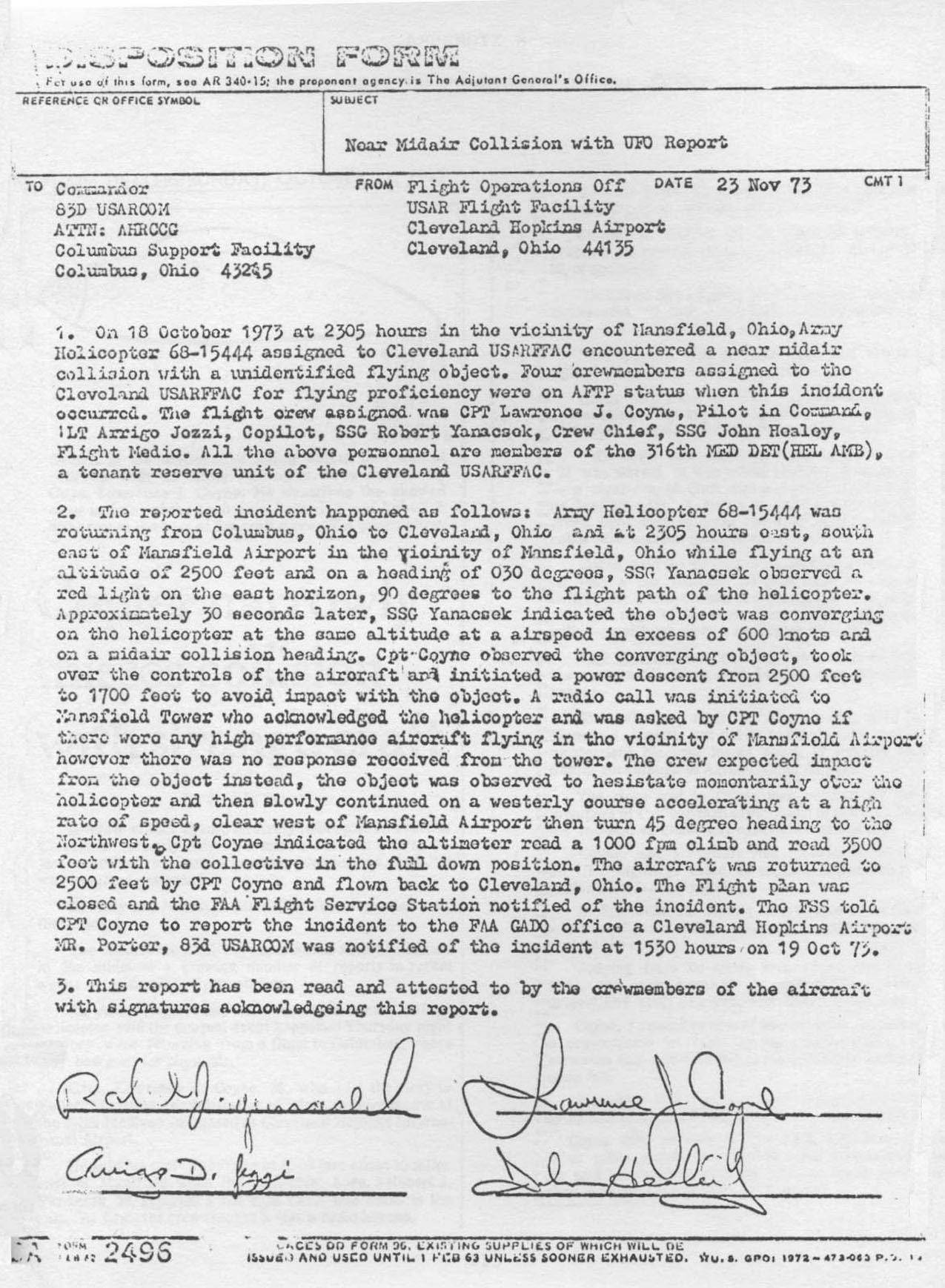 Formulario de disposición del Ejército (DA Form 2496) «Near Midair Collision with UFO Report», 23 de noviembre de 1973, firmado por los cuatro tripulantes