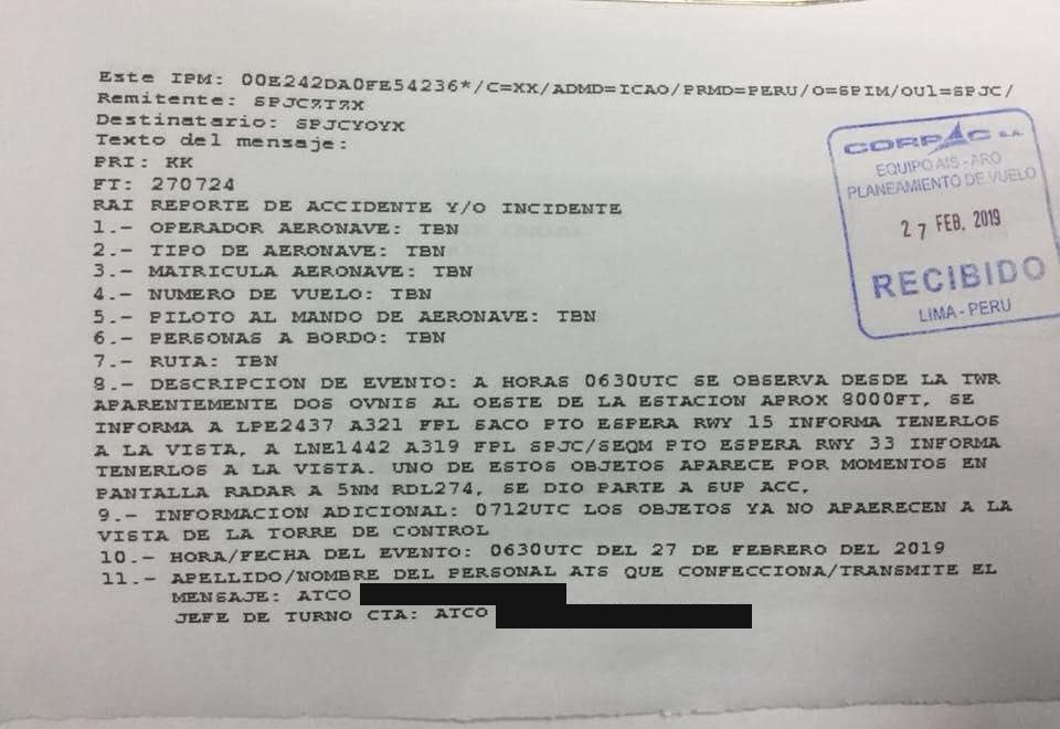 Reporte de Accidente y/o Incidente (RAI) de la torre del Jorge Chávez, con el sello de recepción de CORPAC del 27 feb 2019