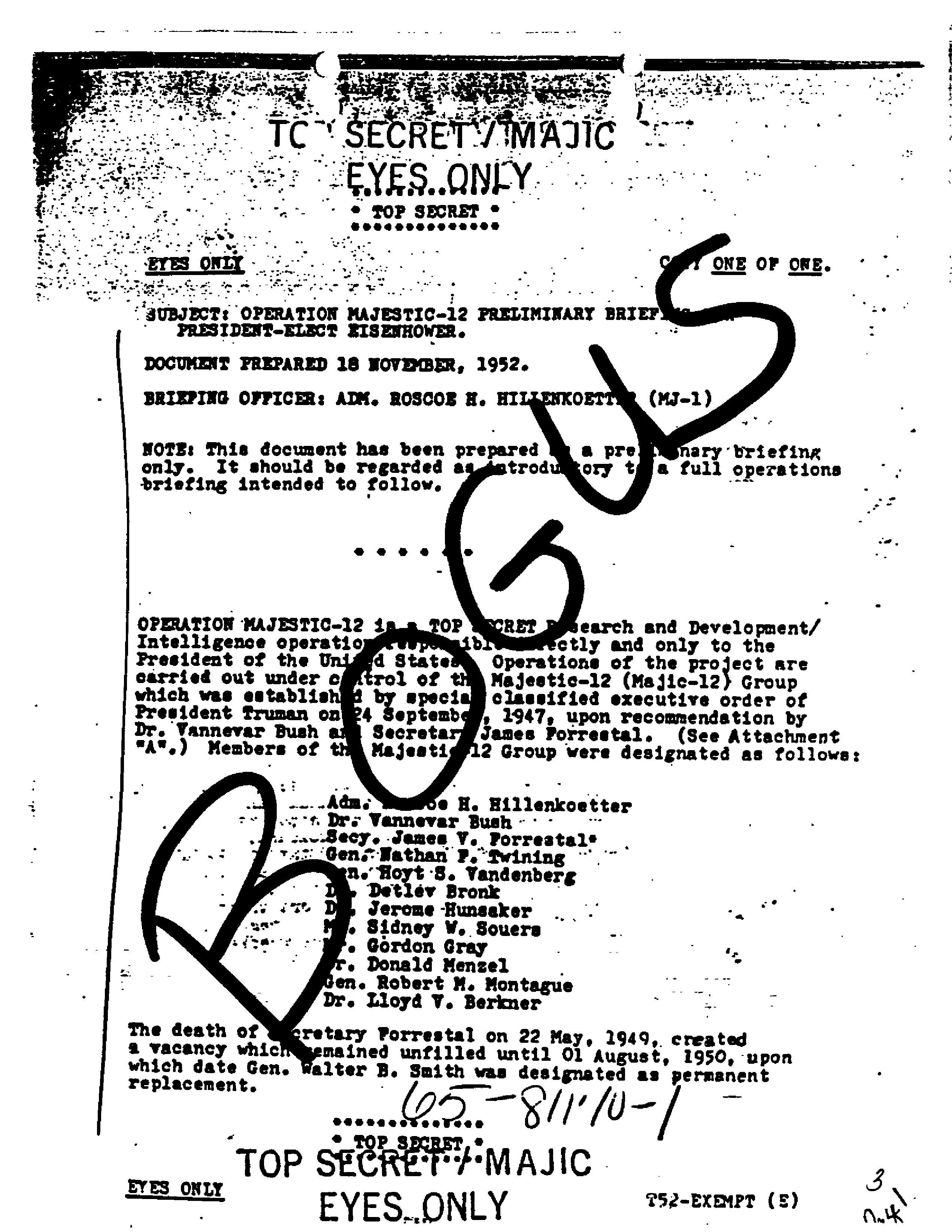 Uno de los documentos Majestic-12 en circulación, investigados por el FBI