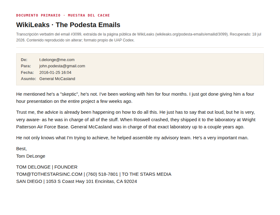 WikiLeaks · Podesta Emails #3099 — Tom DeLonge a John Podesta (25 ene 2016)